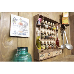 Meuble à Épices De Style Vintage (Teinte Bois) avec 15 Bulles + Bouteilles Huiles - Bulles d'épices