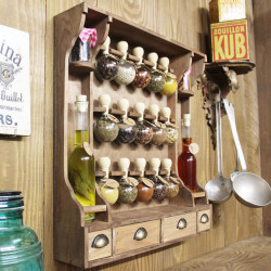 Meuble à Épices De Style Vintage (Teinte Bois) avec 15 Bulles + Bouteilles Huiles - Bulles d'épices