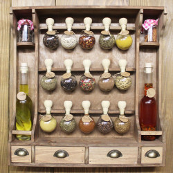 Meuble à Épices De Style Vintage (Teinte Bois) avec 15 Bulles + Bouteilles Huiles - Bulles d'épices