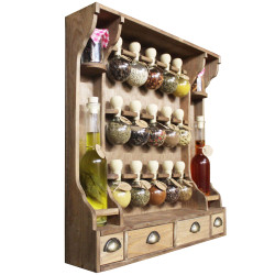 Meuble à Épices De Style Vintage (Teinte Bois) avec 15 Bulles + Bouteilles Huiles - Bulles d'épices