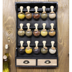 Étagère à épices en bois de style vintage avec patine noire et 15 bulles en verre - Bulles d'épices