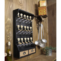 Étagère à épices en bois de style vintage avec patine noire et 15 bulles en verre - Bulles d'épices