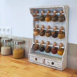 Vintage Style Wooden Spice Rack with 15 Glass Bubbles (White Patina) - Bulles d'épices