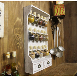 Vintage Style Wooden Spice Rack with 15 Glass Bubbles (White Patina) - Bulles d'épices
