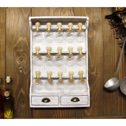Étagère à épices en bois de style vintage avec patine blanche et 15 bulles en verre - Bulles d'épices