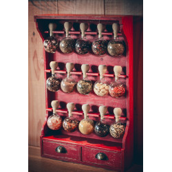 Vintage Style Wooden Spice Rack with 15 Glass Bubbles (Red Patina) - Bulles d'épices