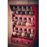 Vintage Style Wooden Spice Rack with 15 Glass Bubbles (Red Patina) - Bulles d'épices