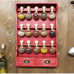 Vintage Style Wooden Spice Rack with 15 Glass Bubbles (Red Patina) - Bulles d'épices