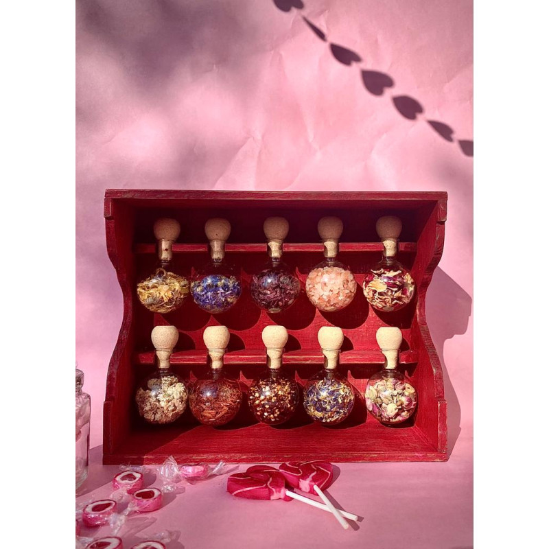 Etagère à épices en bois couleur rouge avec 10 bulles en verre - Bulles d'épices - Spécial Saint-Valentin