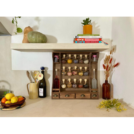 Meuble à Épices De Style Vintage (Teinte Bois) avec 15 Bulles + Bouteilles Huiles - Bulles d'épices