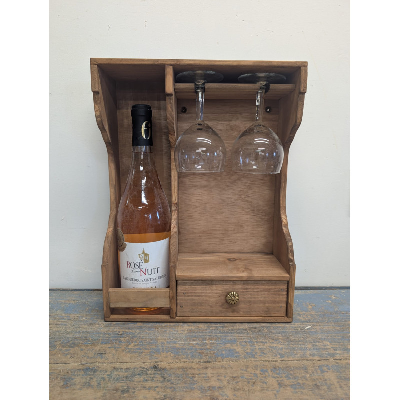 Coffret à vin en bois artisanal avec 2 verres et 1 tiroir – Fabriqué en France