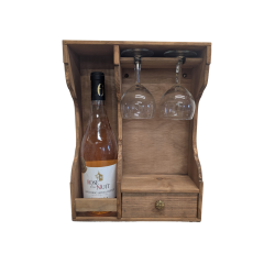 Coffret à vin en bois artisanal avec 2 verres et 1 tiroir – Fabriqué en France