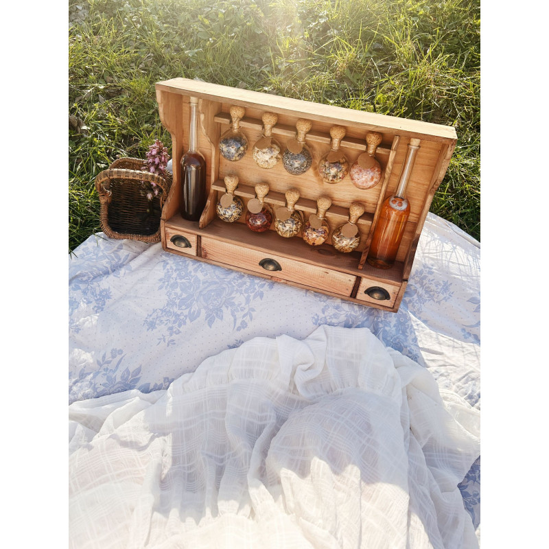 Étagère à épices en bois artisanale – 10 bulles verre + 2 bouteilles – Fabrication française | Bulles d’Épices